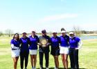 Members of the Ranger College women’s golf team display the District 2 championship trophy they won on Saturday in Snyder. The Lady Rangers will advance to the NJCAA women’s national tournament in May in Florida.